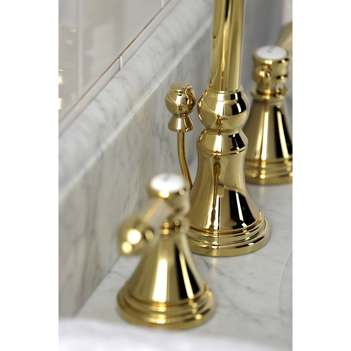 Heirloom KS2982BAL Two-Handle 3-Hole Deck Mount Widespread Bathroom Faucet with Brass Pop-Up, Polished Brass