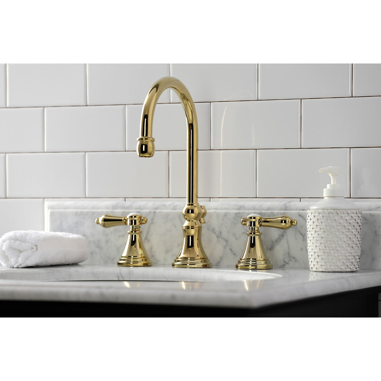 Heirloom KS2982BAL Two-Handle 3-Hole Deck Mount Widespread Bathroom Faucet with Brass Pop-Up, Polished Brass