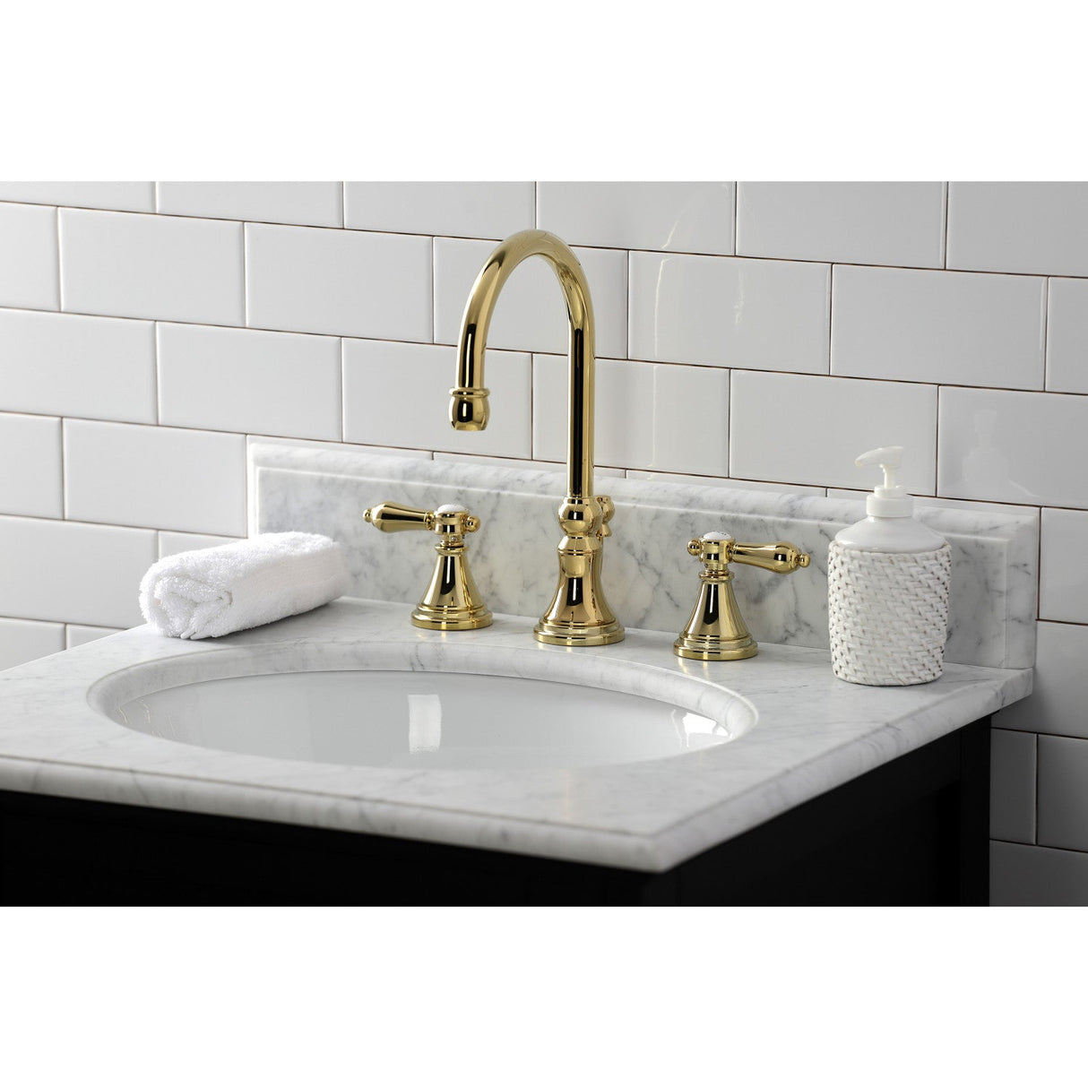 Heirloom KS2982BAL Two-Handle 3-Hole Deck Mount Widespread Bathroom Faucet with Brass Pop-Up, Polished Brass