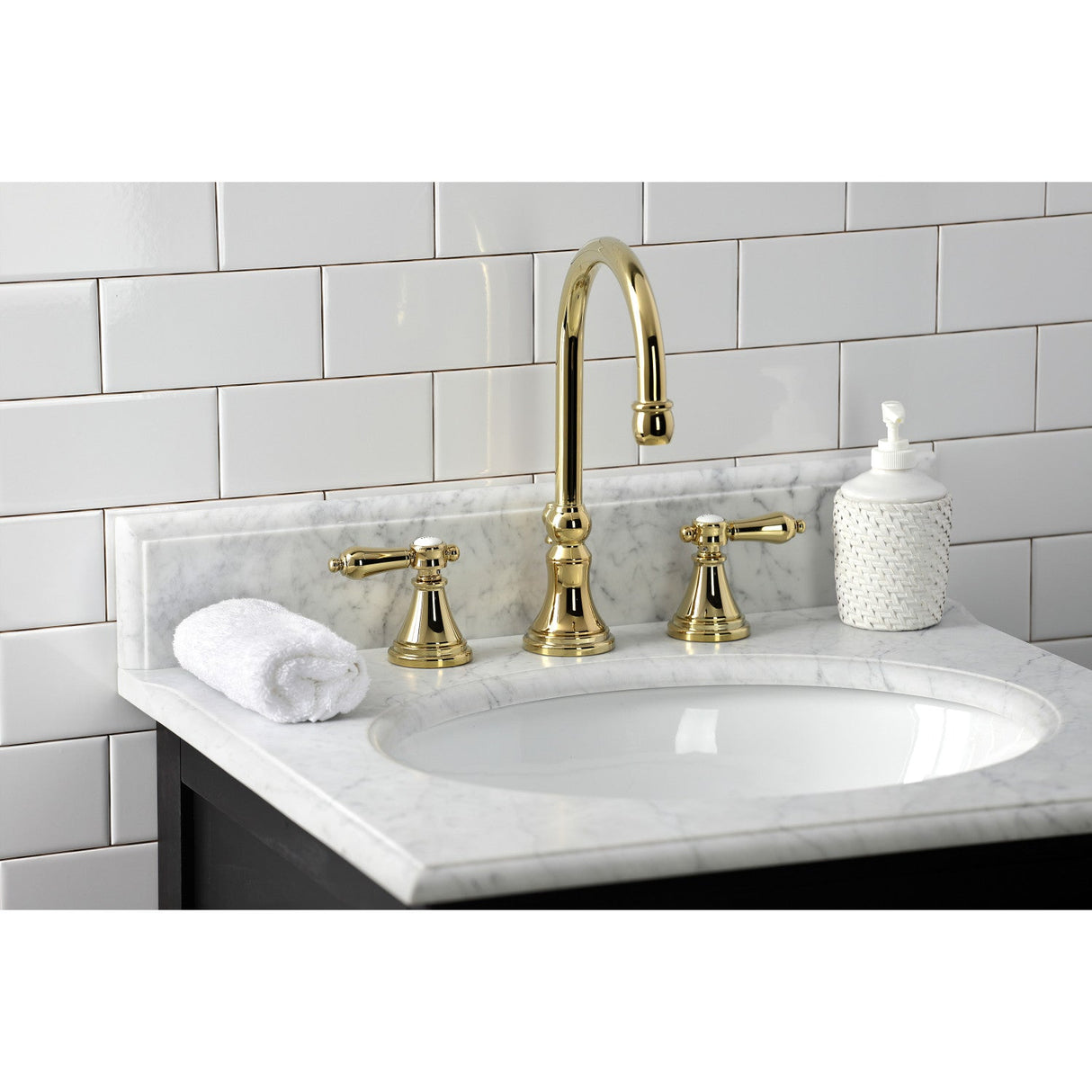 Heirloom KS2982BAL Two-Handle 3-Hole Deck Mount Widespread Bathroom Faucet with Brass Pop-Up, Polished Brass