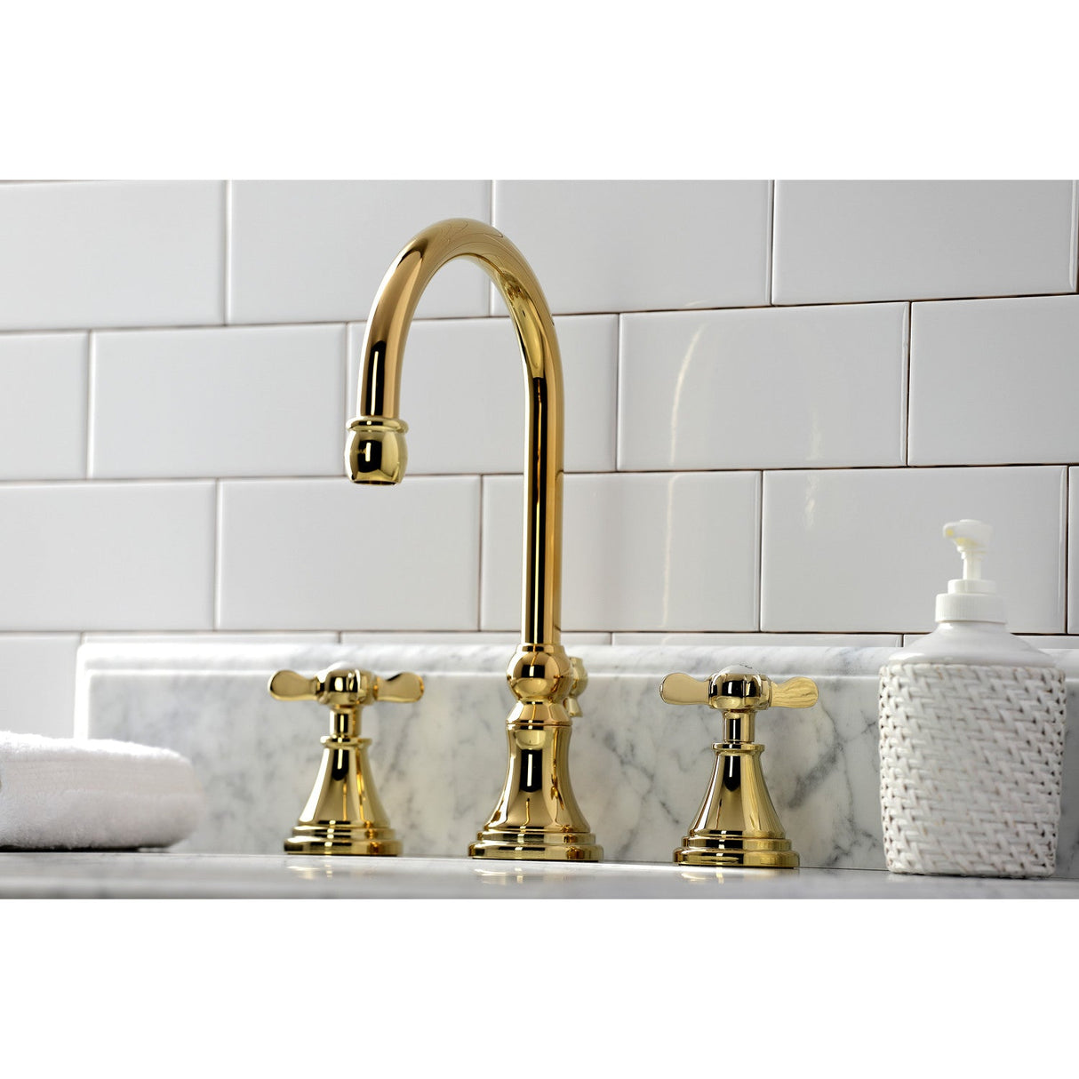 Essex KS2982BEX Two-Handle 3-Hole Deck Mount Widespread Bathroom Faucet with Brass Pop-Up, Polished Brass