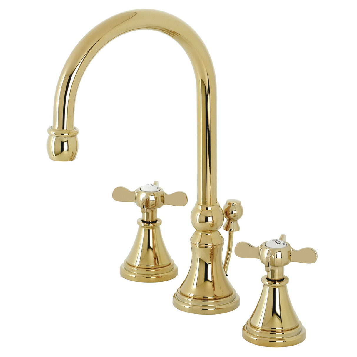 Essex KS2982BEX Two-Handle 3-Hole Deck Mount Widespread Bathroom Faucet with Brass Pop-Up, Polished Brass