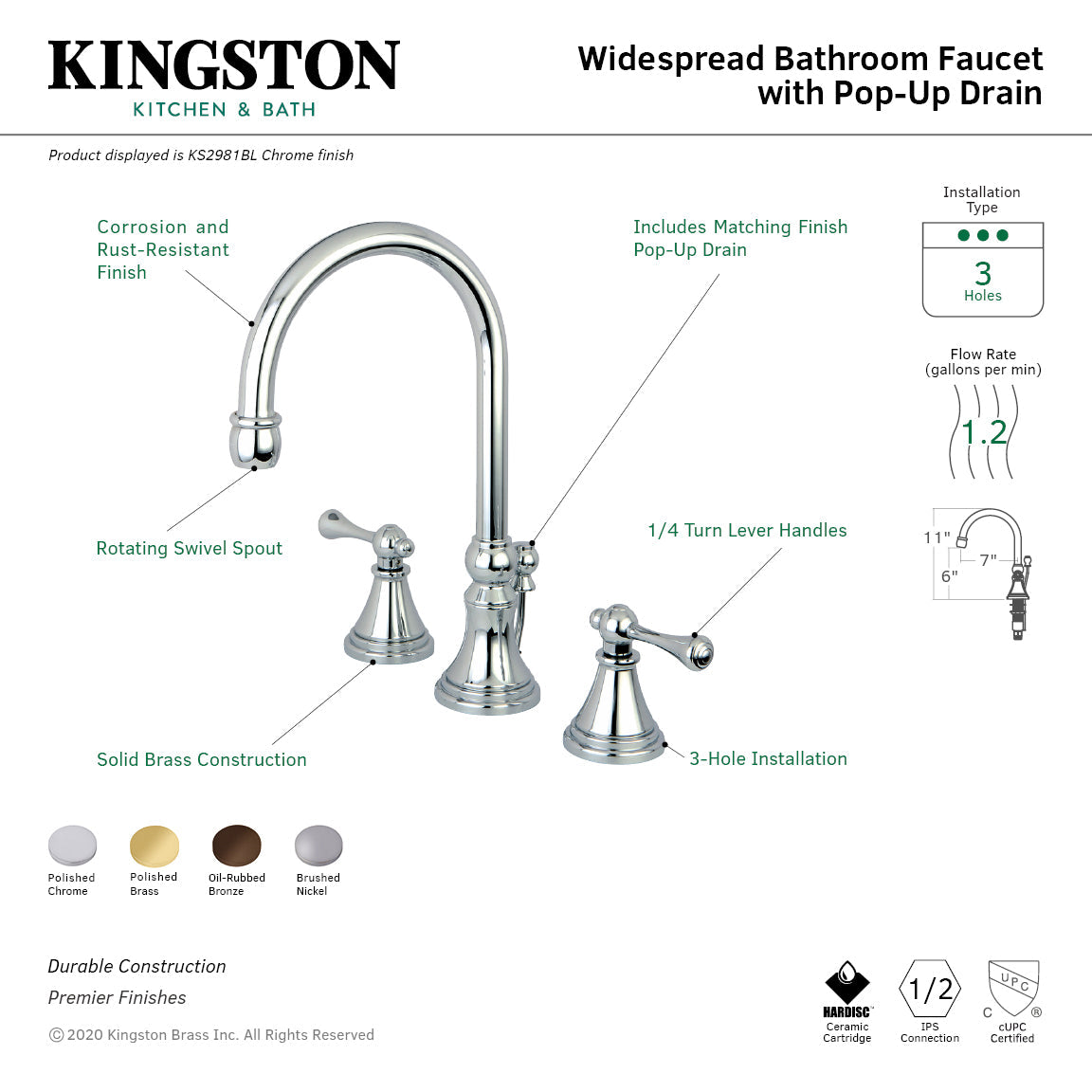 Governor KS2982BL Two-Handle 3-Hole Deck Mount Widespread Bathroom Faucet with Brass Pop-Up, Polished Brass
