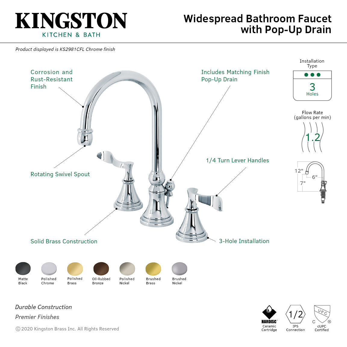 Century KS2982CFL Two-Handle 3-Hole Deck Mount Widespread Bathroom Faucet with Brass Pop-Up, Polished Brass