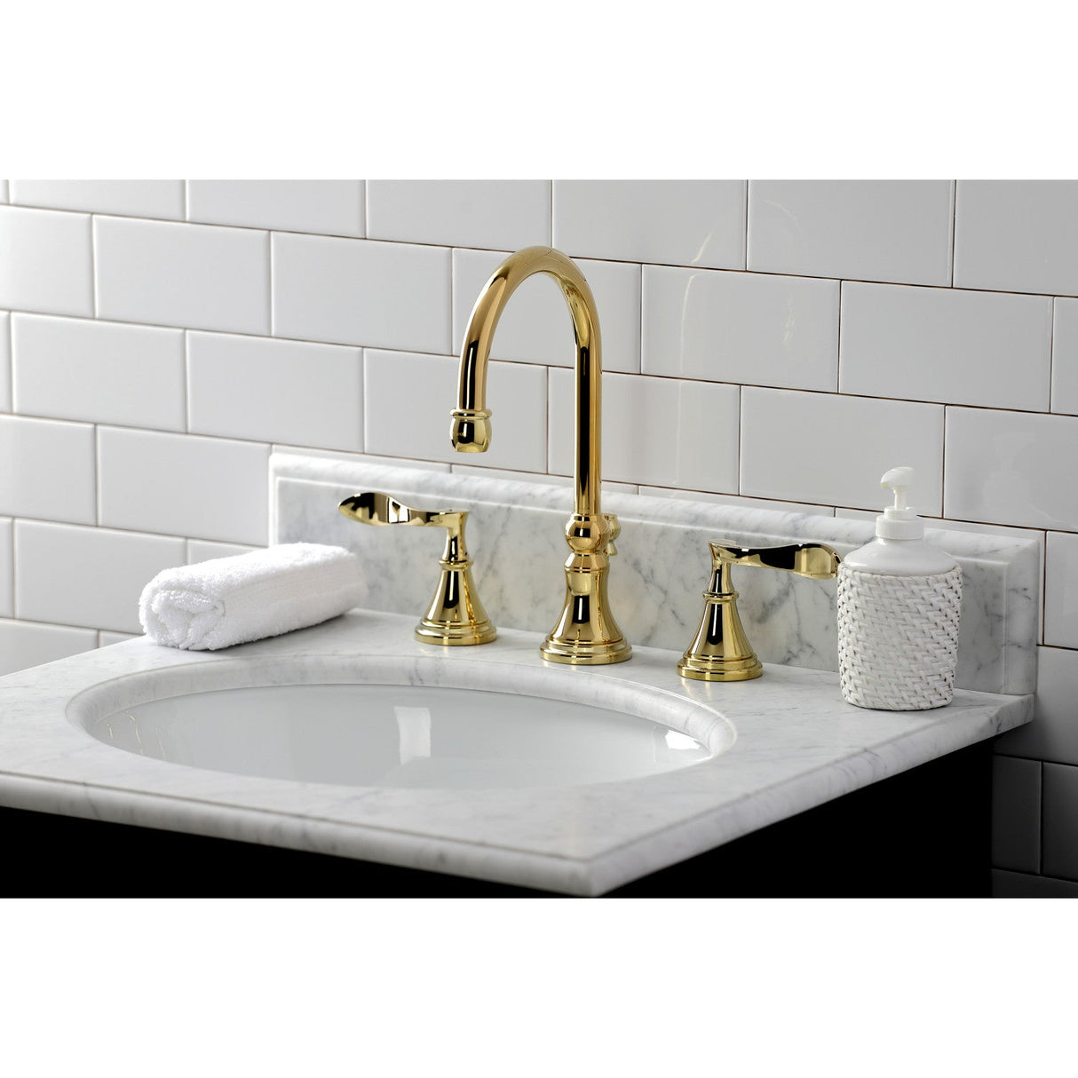 Century KS2982CFL Two-Handle 3-Hole Deck Mount Widespread Bathroom Faucet with Brass Pop-Up, Polished Brass