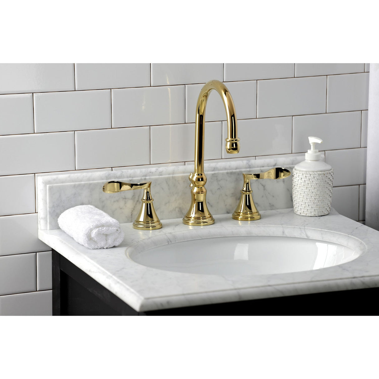 Century KS2982CFL Two-Handle 3-Hole Deck Mount Widespread Bathroom Faucet with Brass Pop-Up, Polished Brass