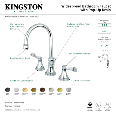 NuFrench KS2982DFL Two-Handle 3-Hole Deck Mount Widespread Bathroom Faucet with Brass Pop-Up, Polished Brass