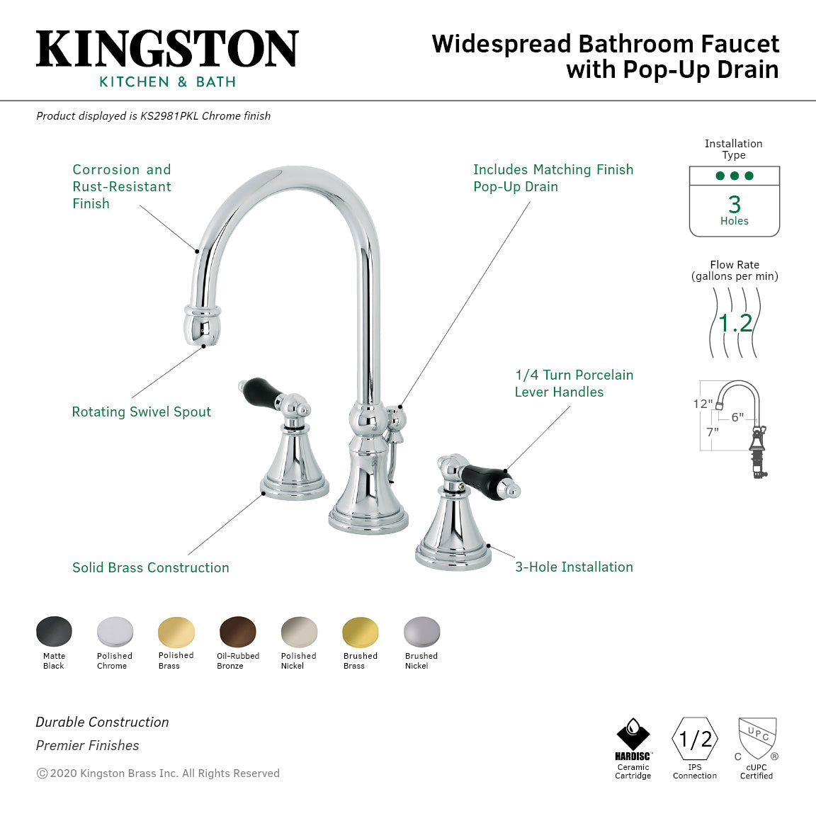 Duchess KS2982PKL Two-Handle 3-Hole Deck Mount Widespread Bathroom Faucet with Brass Pop-Up, Polished Brass