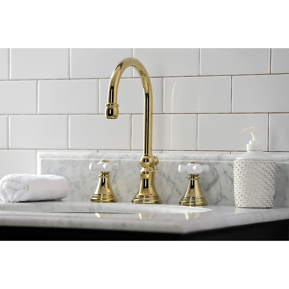 Governor KS2982PX Two-Handle 3-Hole Deck Mount Widespread Bathroom Faucet with Brass Pop-Up, Polished Brass