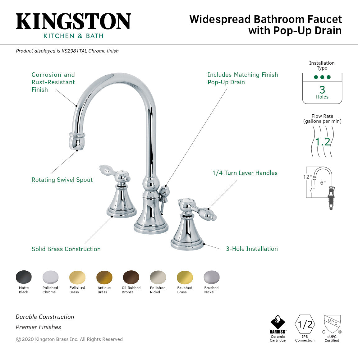 Tudor KS2982TAL Two-Handle 3-Hole Deck Mount Widespread Bathroom Faucet with Brass Pop-Up, Polished Brass