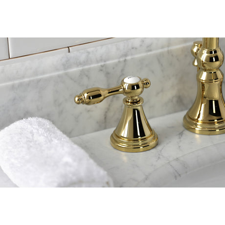 Tudor KS2982TAL Two-Handle 3-Hole Deck Mount Widespread Bathroom Faucet with Brass Pop-Up, Polished Brass