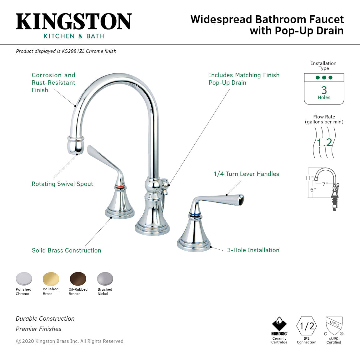 Silver Sage KS2982ZL Two-Handle 3-Hole Deck Mount Widespread Bathroom Faucet with Brass Pop-Up, Polished Brass