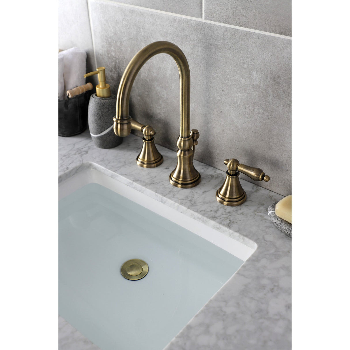 Governor KS2983AL Two-Handle 3-Hole Deck Mount Widespread Bathroom Faucet with Brass Pop-Up, Antique Brass