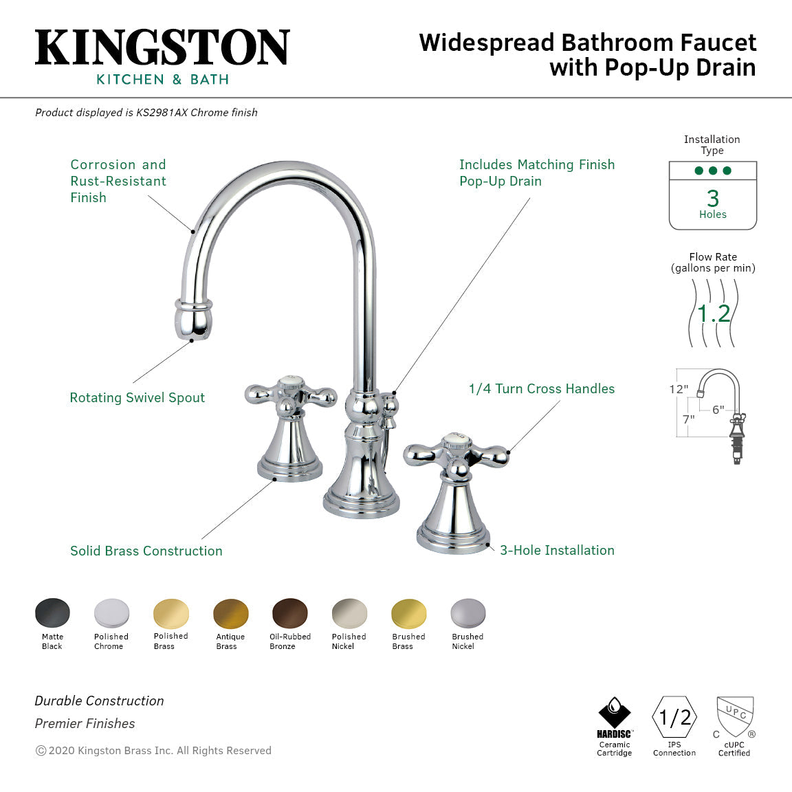 Governor KS2983AX Two-Handle 3-Hole Deck Mount Widespread Bathroom Faucet with Brass Pop-Up, Antique Brass
