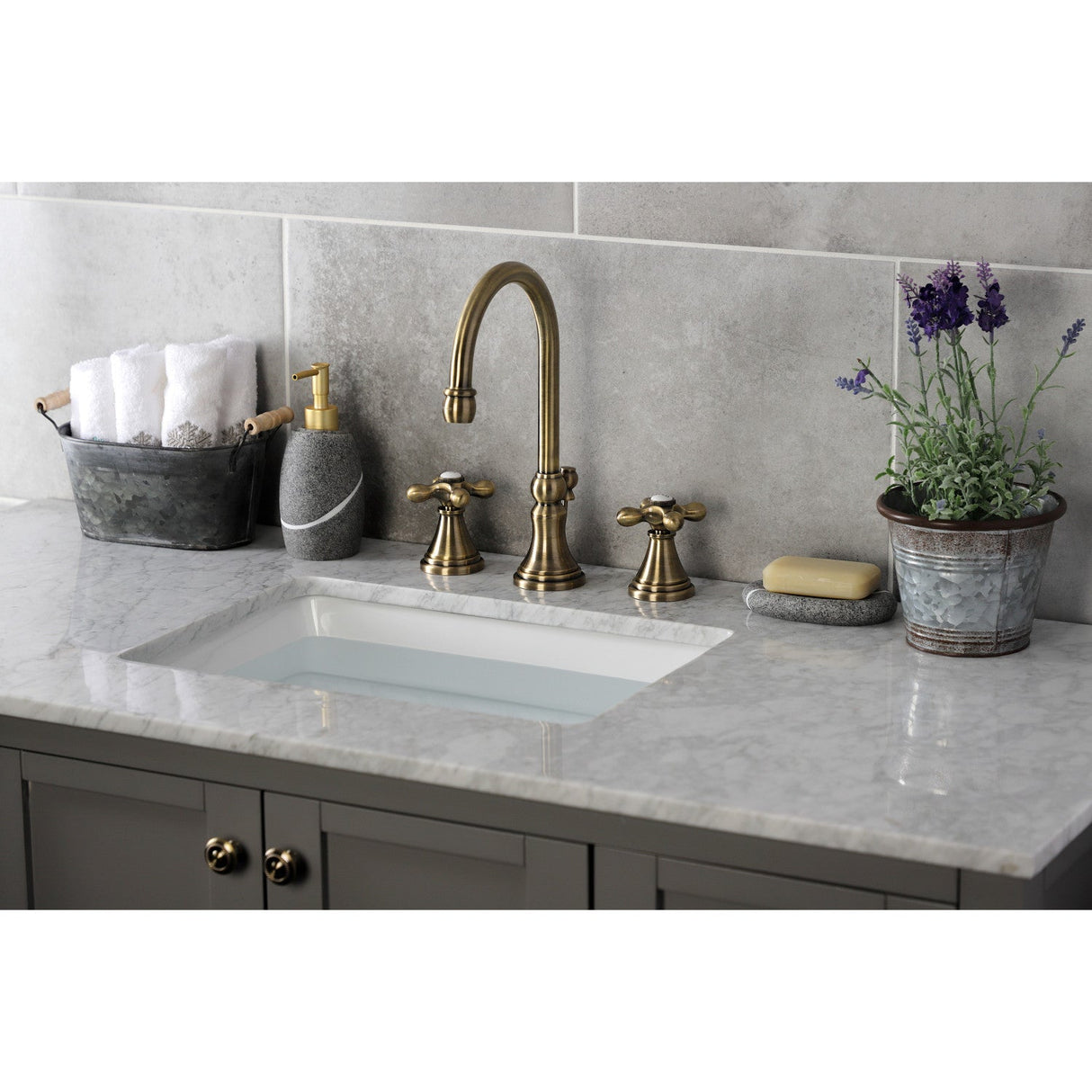 Governor KS2983AX Two-Handle 3-Hole Deck Mount Widespread Bathroom Faucet with Brass Pop-Up, Antique Brass