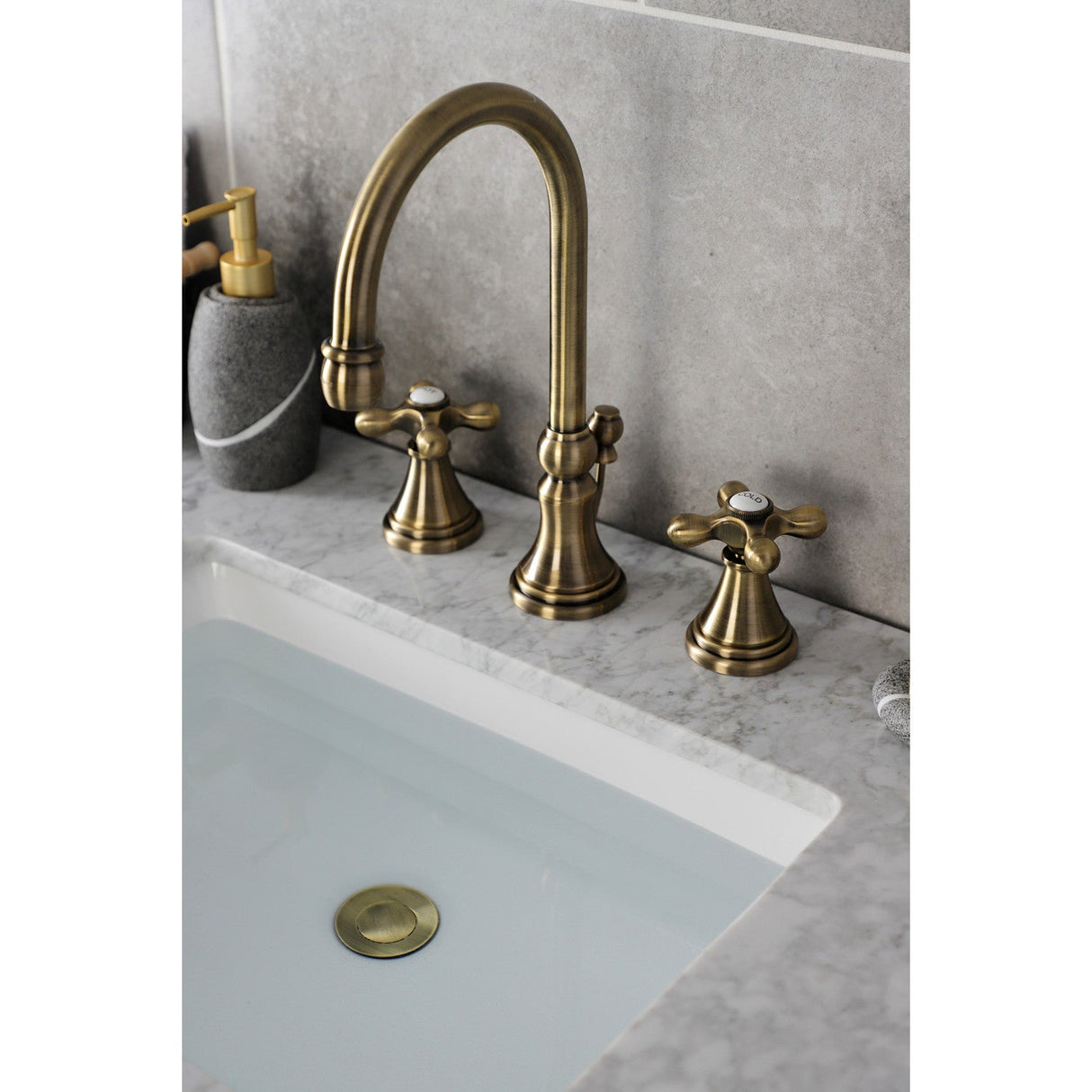 Governor KS2983AX Two-Handle 3-Hole Deck Mount Widespread Bathroom Faucet with Brass Pop-Up, Antique Brass
