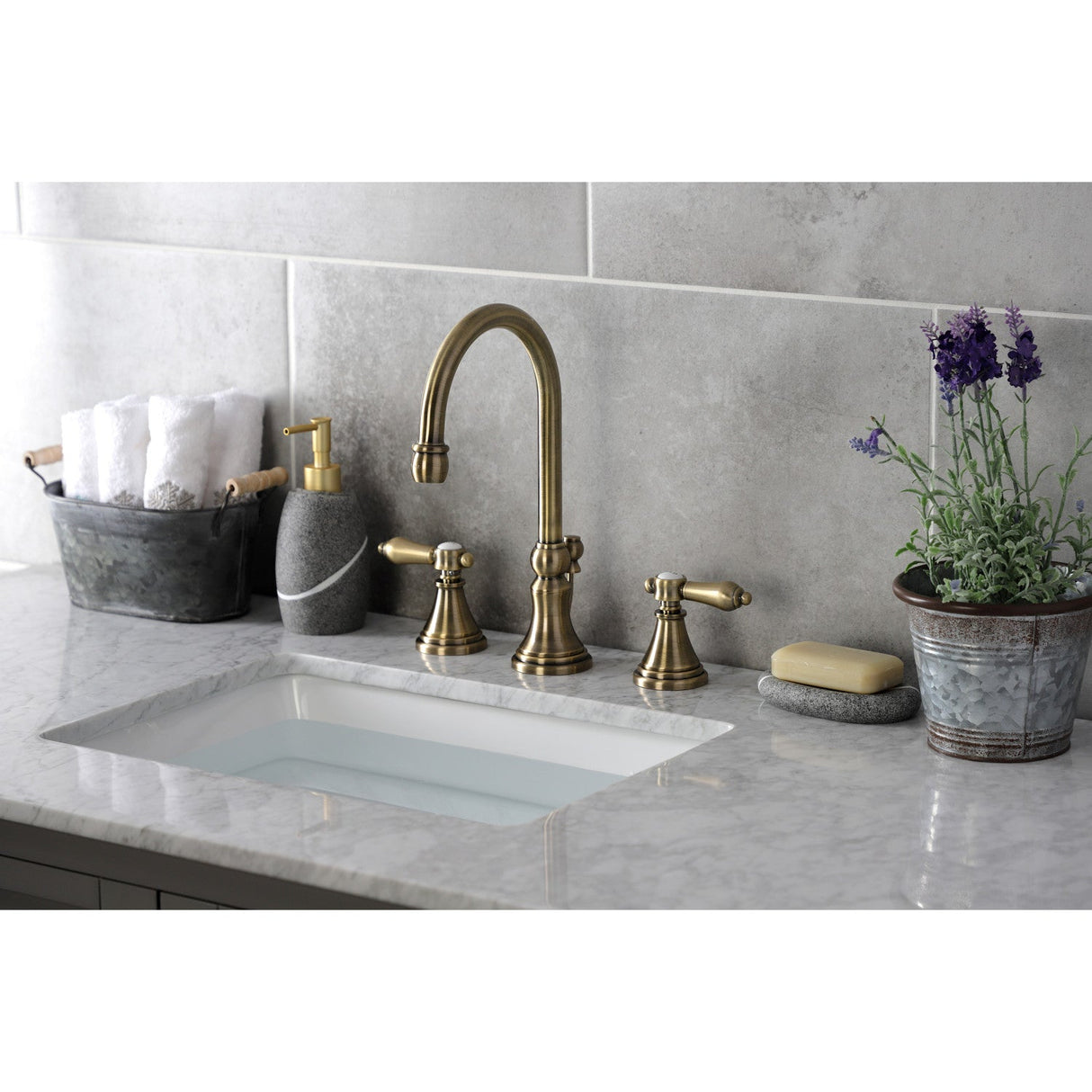 Heirloom KS2983BAL Two-Handle 3-Hole Deck Mount Widespread Bathroom Faucet with Brass Pop-Up, Antique Brass
