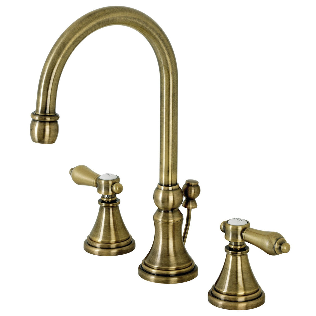 Heirloom KS2983BAL Two-Handle 3-Hole Deck Mount Widespread Bathroom Faucet with Brass Pop-Up, Antique Brass