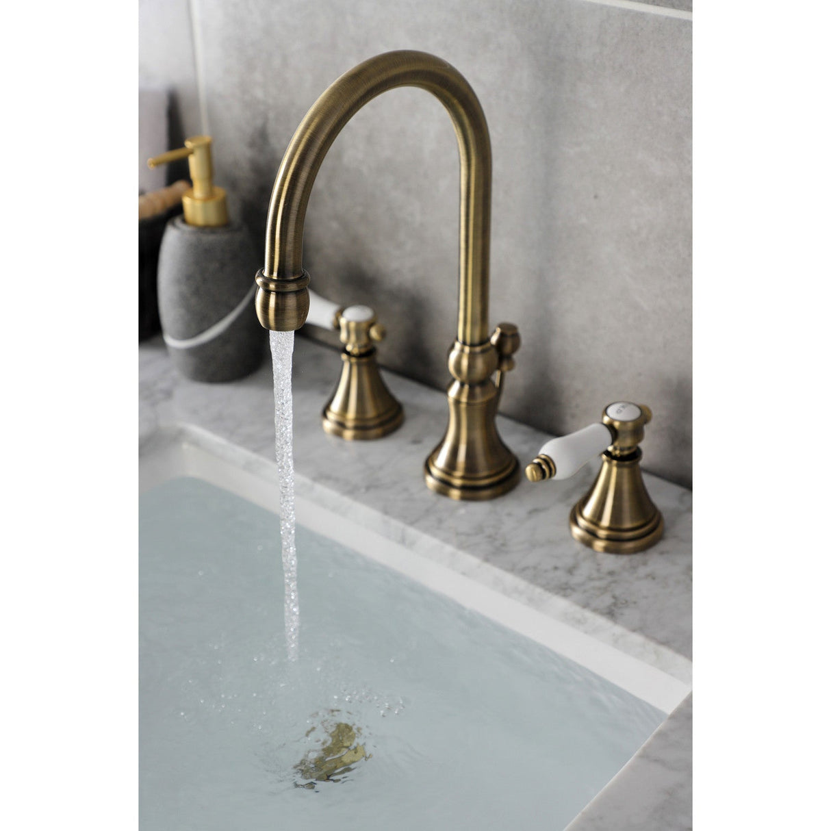 Bel-Air KS2983BPL Two-Handle 3-Hole Deck Mount Widespread Bathroom Faucet with Brass Pop-Up, Antique Brass