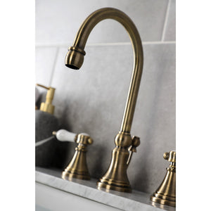 Bel-Air KS2983BPL Two-Handle 3-Hole Deck Mount Widespread Bathroom Faucet with Brass Pop-Up, Antique Brass