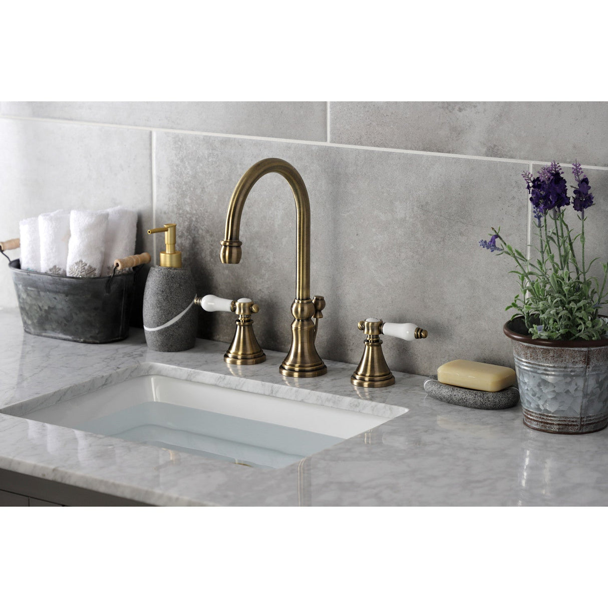 Bel-Air KS2983BPL Two-Handle 3-Hole Deck Mount Widespread Bathroom Faucet with Brass Pop-Up, Antique Brass