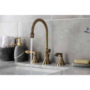 NuFrench KS2983DFL Two-Handle 3-Hole Deck Mount Widespread Bathroom Faucet with Brass Pop-Up, Antique Brass