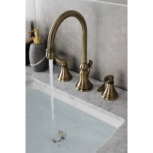 NuFrench KS2983DFL Two-Handle 3-Hole Deck Mount Widespread Bathroom Faucet with Brass Pop-Up, Antique Brass