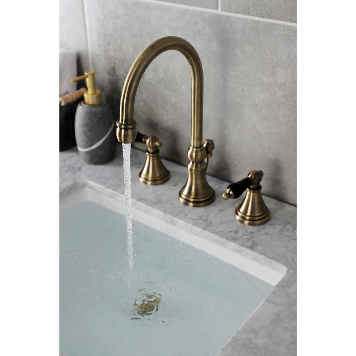 Duchess KS2983PKL Two-Handle 3-Hole Deck Mount Widespread Bathroom Faucet with Brass Pop-Up, Antique Brass