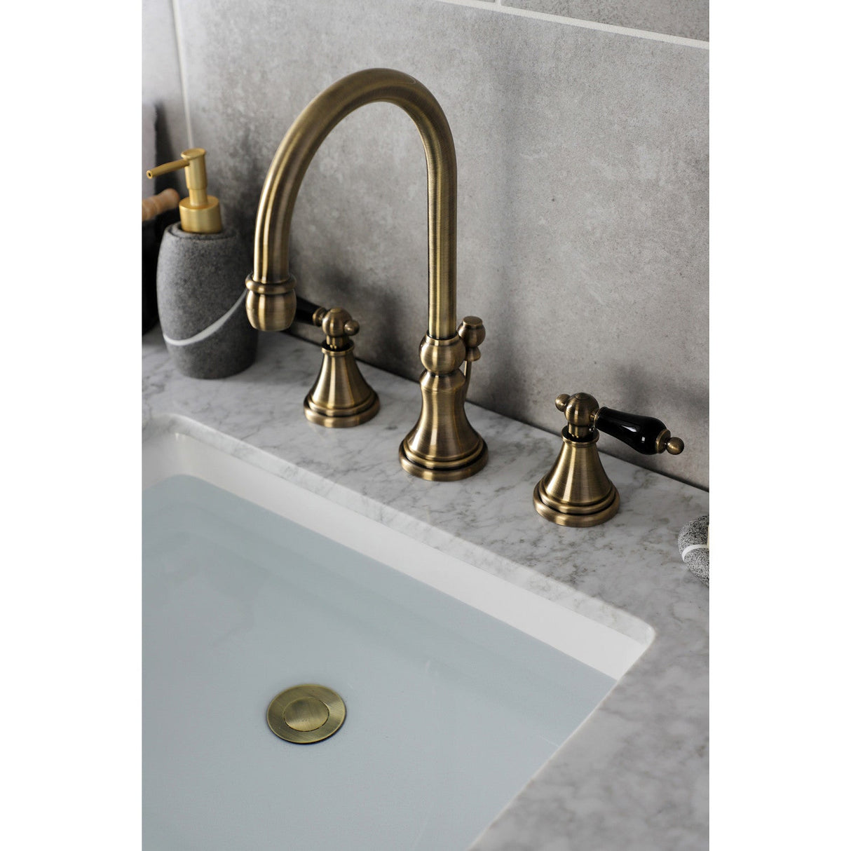 Duchess KS2983PKL Two-Handle 3-Hole Deck Mount Widespread Bathroom Faucet with Brass Pop-Up, Antique Brass