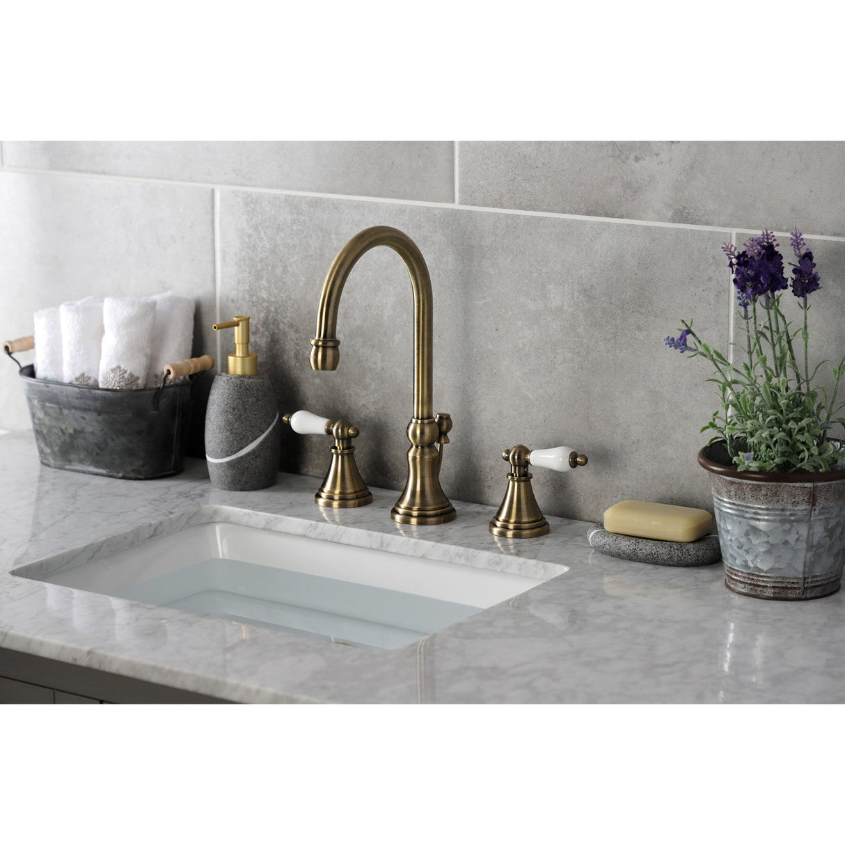 Governor KS2983PL Two-Handle 3-Hole Deck Mount Widespread Bathroom Faucet with Brass Pop-Up, Antique Brass