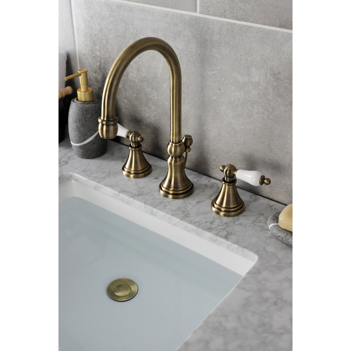 Governor KS2983PL Two-Handle 3-Hole Deck Mount Widespread Bathroom Faucet with Brass Pop-Up, Antique Brass