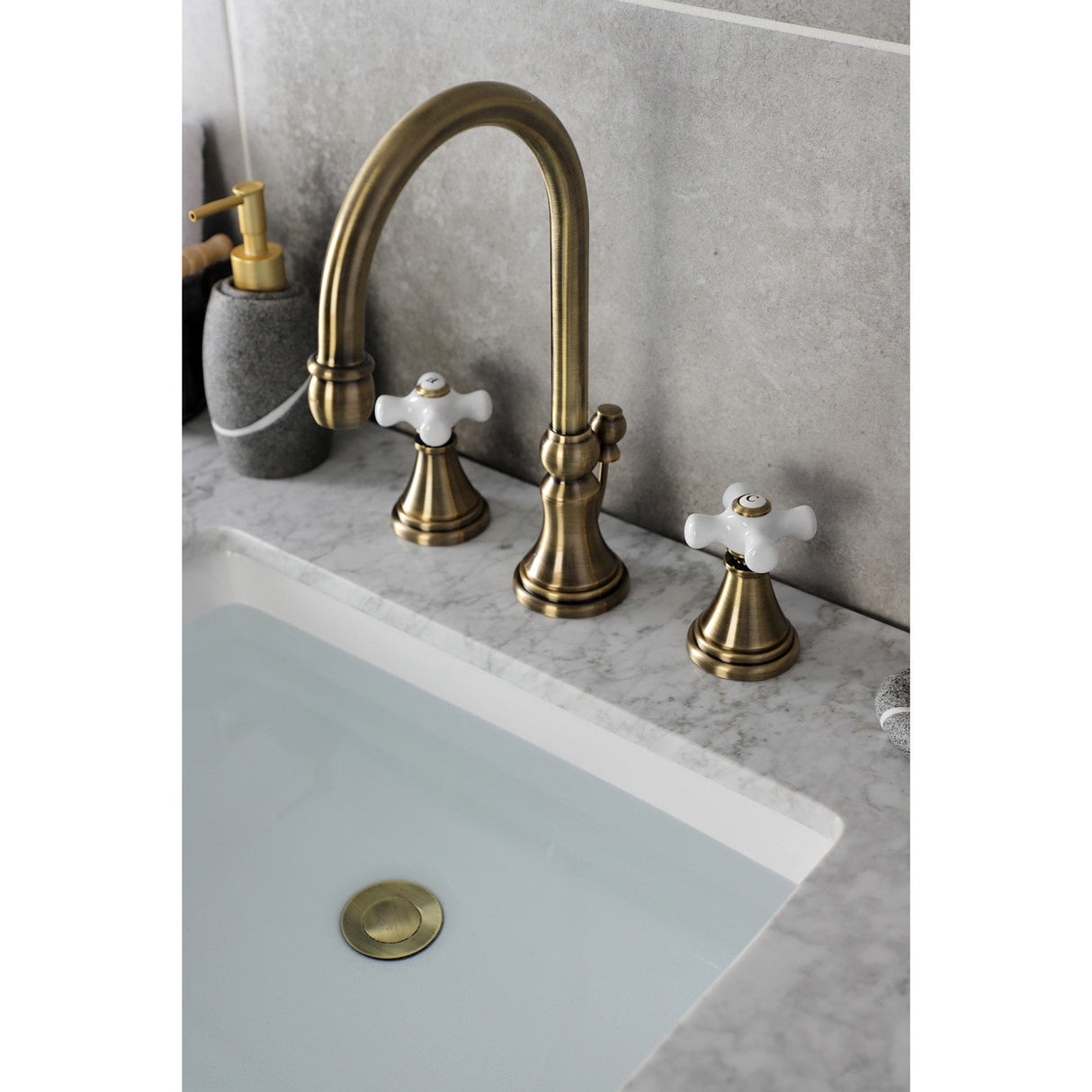 Governor KS2983PX Two-Handle 3-Hole Deck Mount Widespread Bathroom Faucet with Brass Pop-Up, Antique Brass