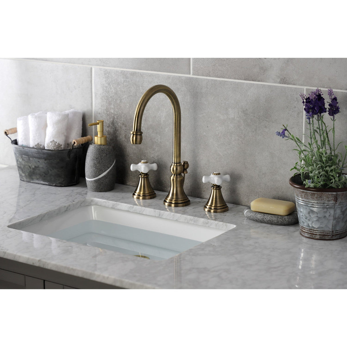 Governor KS2983PX Two-Handle 3-Hole Deck Mount Widespread Bathroom Faucet with Brass Pop-Up, Antique Brass