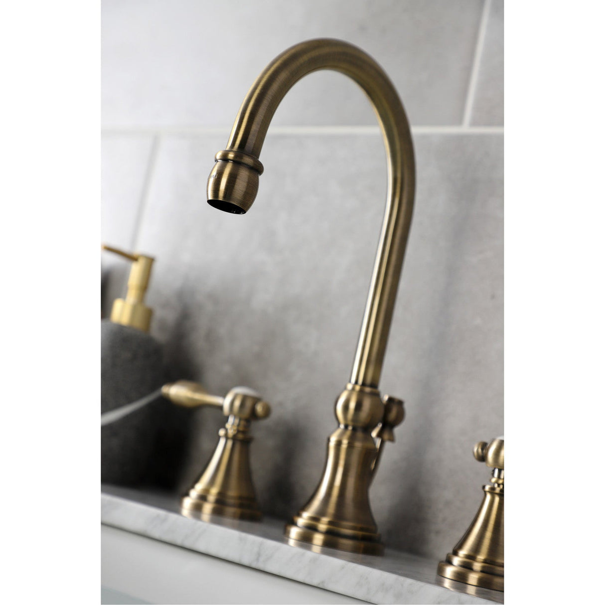 Tudor KS2983TAL Two-Handle 3-Hole Deck Mount Widespread Bathroom Faucet with Brass Pop-Up, Antique Brass