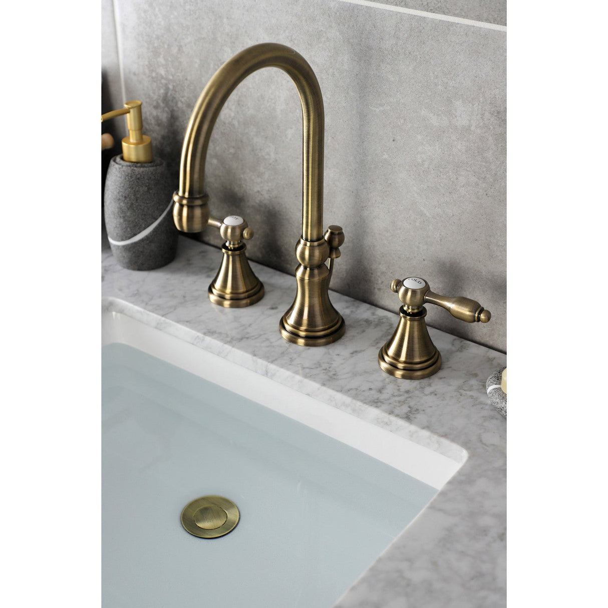 Tudor KS2983TAL Two-Handle 3-Hole Deck Mount Widespread Bathroom Faucet with Brass Pop-Up, Antique Brass