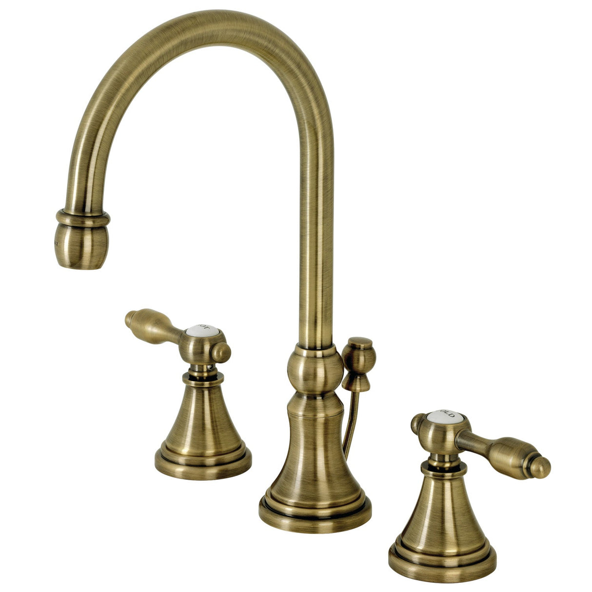 Tudor KS2983TAL Two-Handle 3-Hole Deck Mount Widespread Bathroom Faucet with Brass Pop-Up, Antique Brass