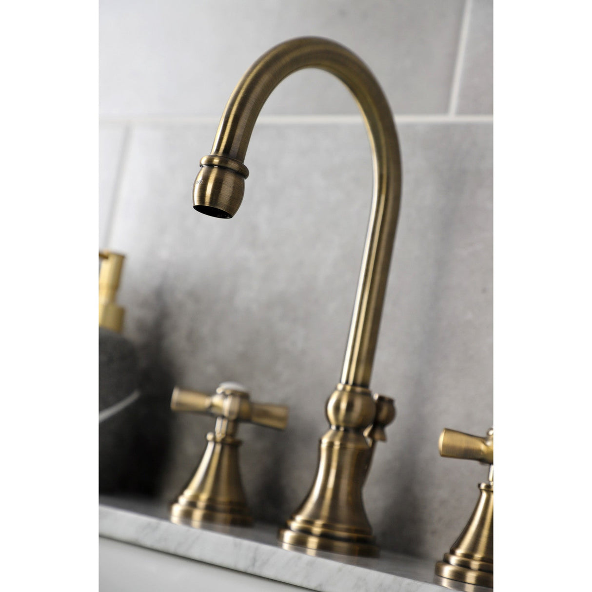 Millennium KS2983ZX Two-Handle 3-Hole Deck Mount Widespread Bathroom Faucet with Brass Pop-Up, Antique Brass