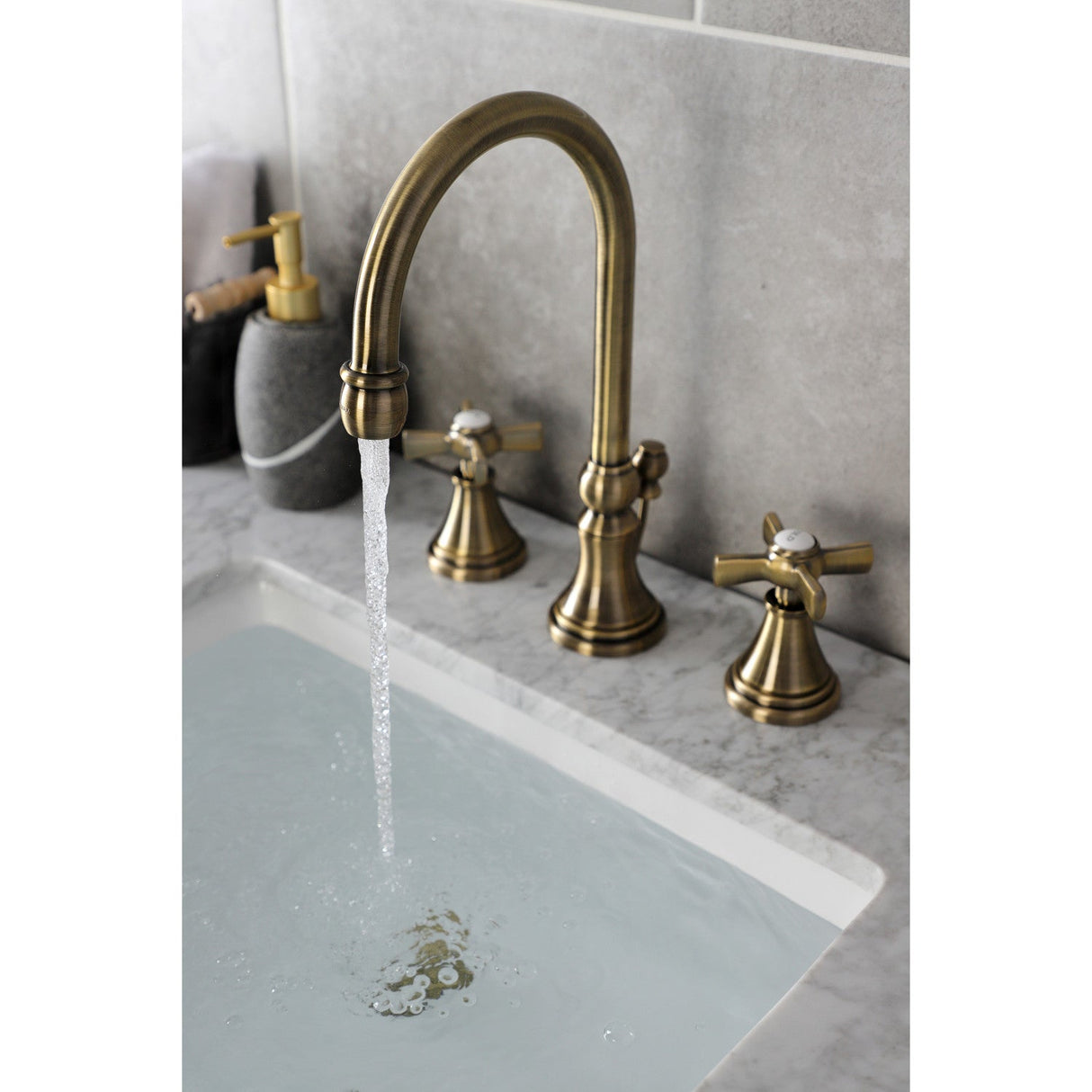 Millennium KS2983ZX Two-Handle 3-Hole Deck Mount Widespread Bathroom Faucet with Brass Pop-Up, Antique Brass