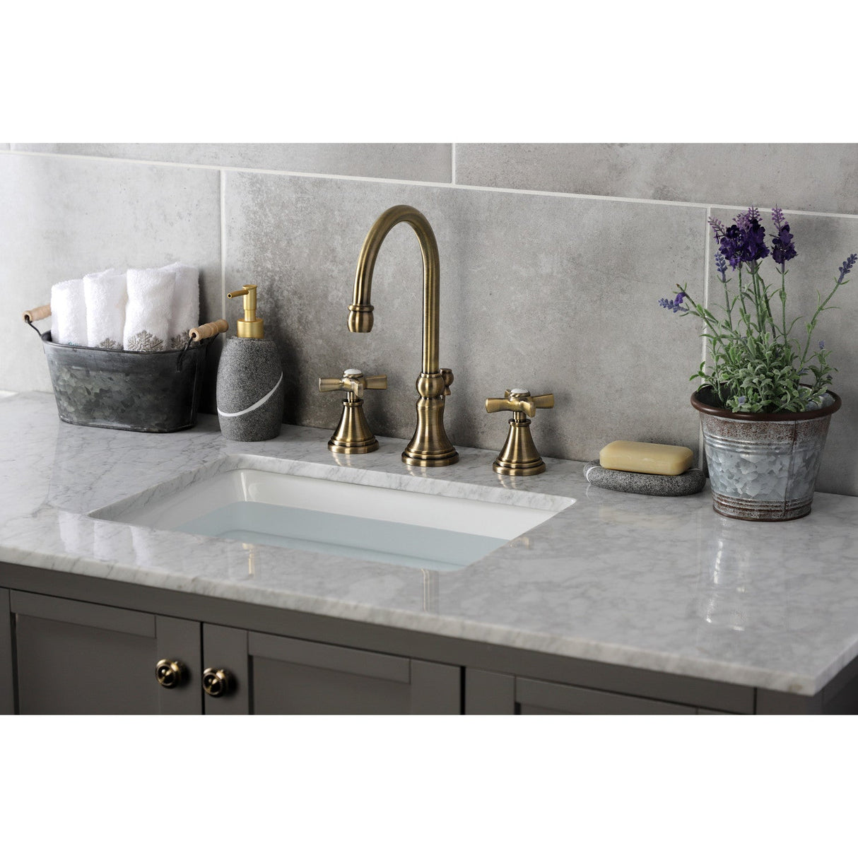 Millennium KS2983ZX Two-Handle 3-Hole Deck Mount Widespread Bathroom Faucet with Brass Pop-Up, Antique Brass