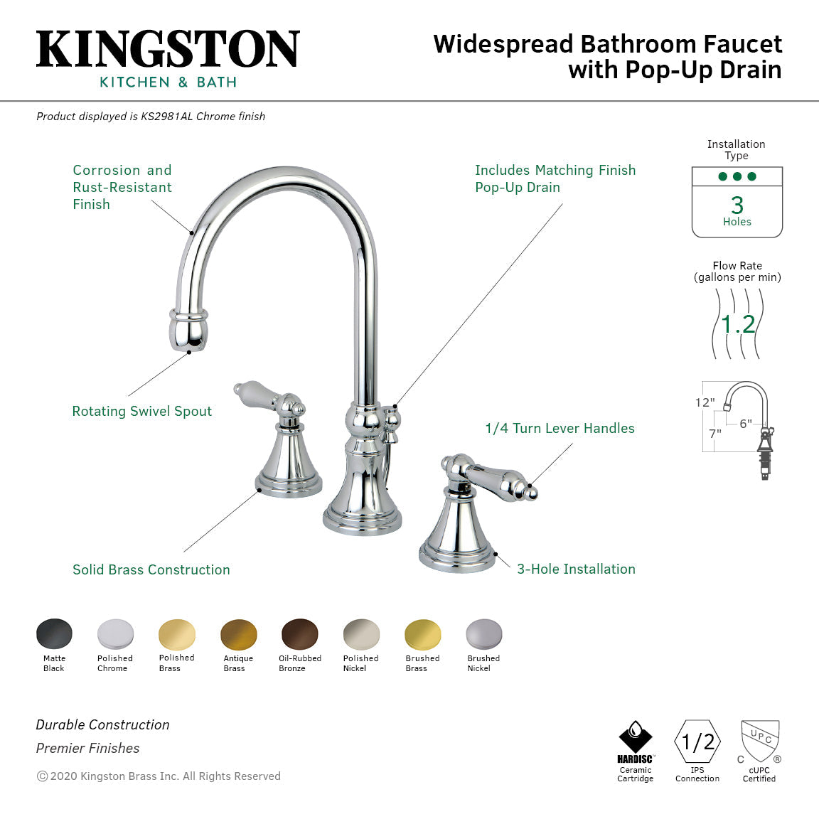 Governor KS2985AL Two-Handle 3-Hole Deck Mount Widespread Bathroom Faucet with Brass Pop-Up, Oil Rubbed Bronze