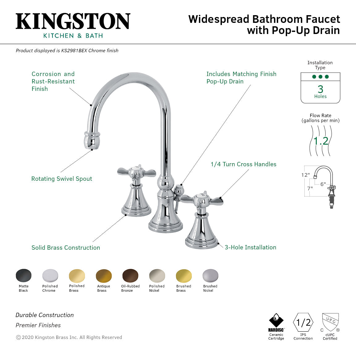 Essex KS2986BEX Two-Handle 3-Hole Deck Mount Widespread Bathroom Faucet with Brass Pop-Up, Polished Nickel