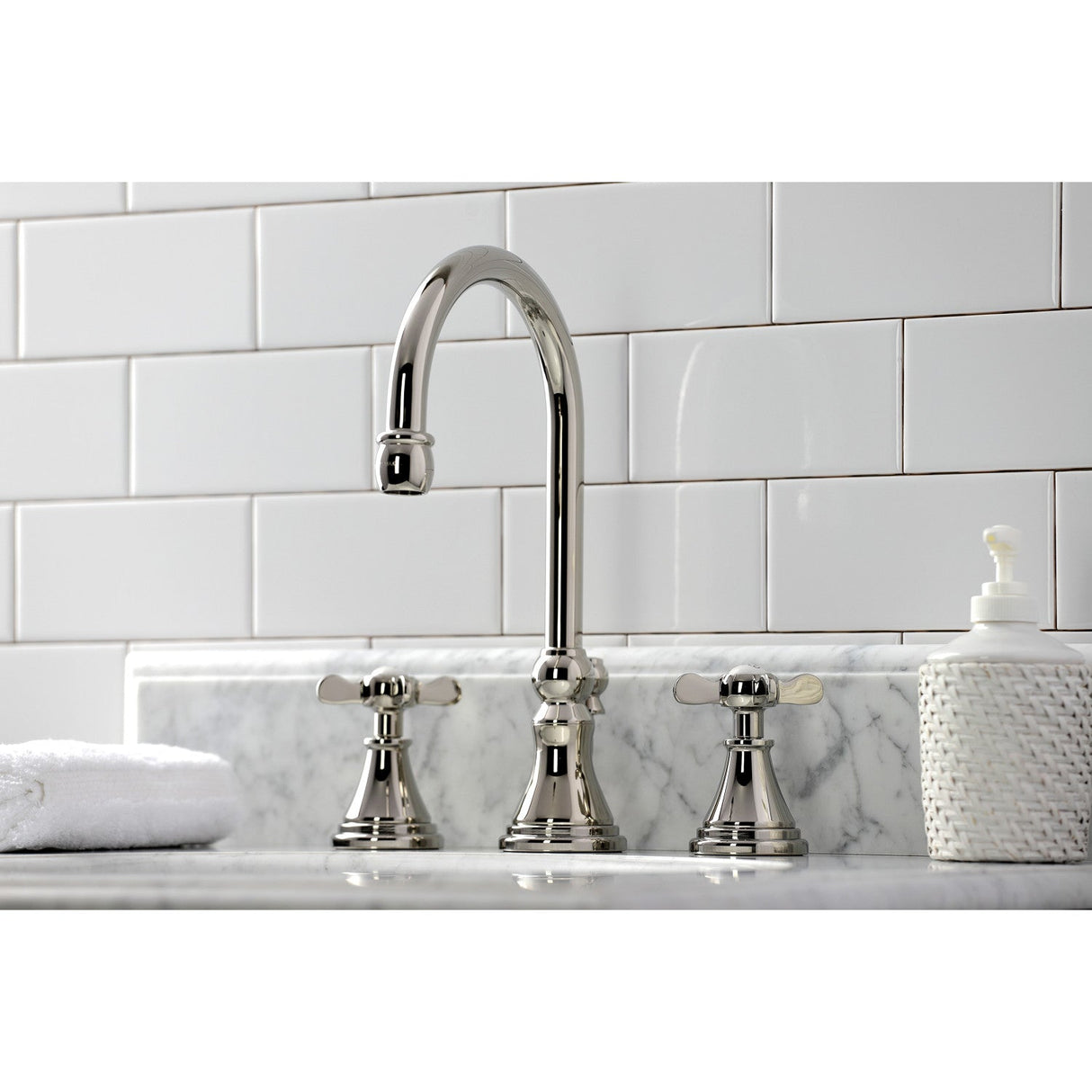 Essex KS2986BEX Two-Handle 3-Hole Deck Mount Widespread Bathroom Faucet with Brass Pop-Up, Polished Nickel
