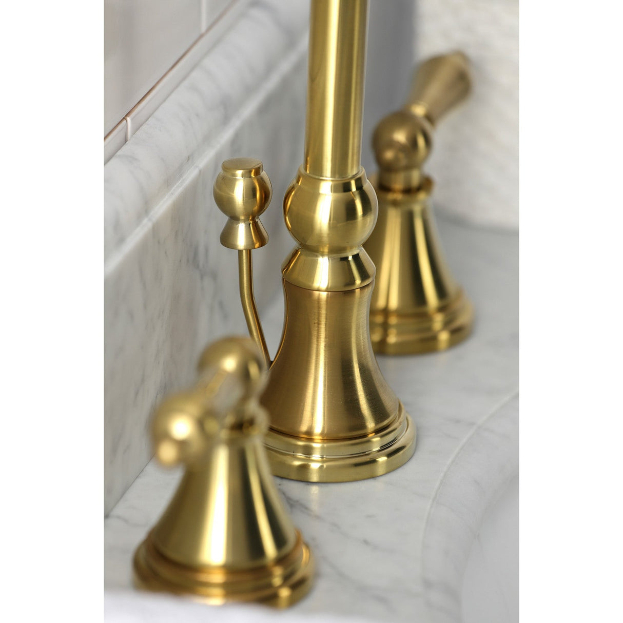 Governor KS2987AL Two-Handle 3-Hole Deck Mount Widespread Bathroom Faucet with Brass Pop-Up, Brushed Brass