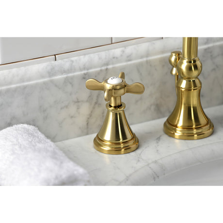 Essex KS2987BEX Two-Handle 3-Hole Deck Mount Widespread Bathroom Faucet with Brass Pop-Up, Brushed Brass