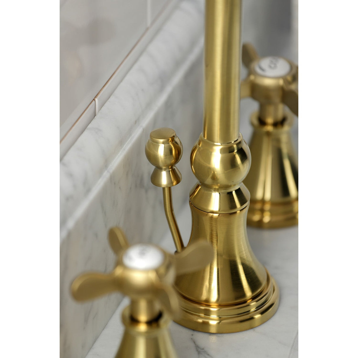 Essex KS2987BEX Two-Handle 3-Hole Deck Mount Widespread Bathroom Faucet with Brass Pop-Up, Brushed Brass