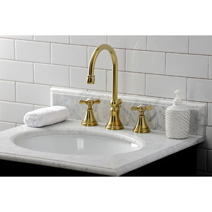 Essex KS2987BEX Two-Handle 3-Hole Deck Mount Widespread Bathroom Faucet with Brass Pop-Up, Brushed Brass