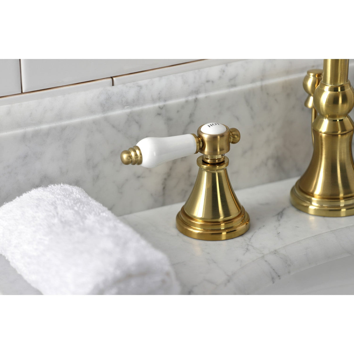 Bel-Air KS2987BPL Two-Handle 3-Hole Deck Mount Widespread Bathroom Faucet with Brass Pop-Up, Brushed Brass
