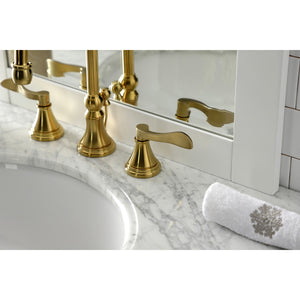 NuFrench KS2987DFL Two-Handle 3-Hole Deck Mount Widespread Bathroom Faucet with Brass Pop-Up, Brushed Brass