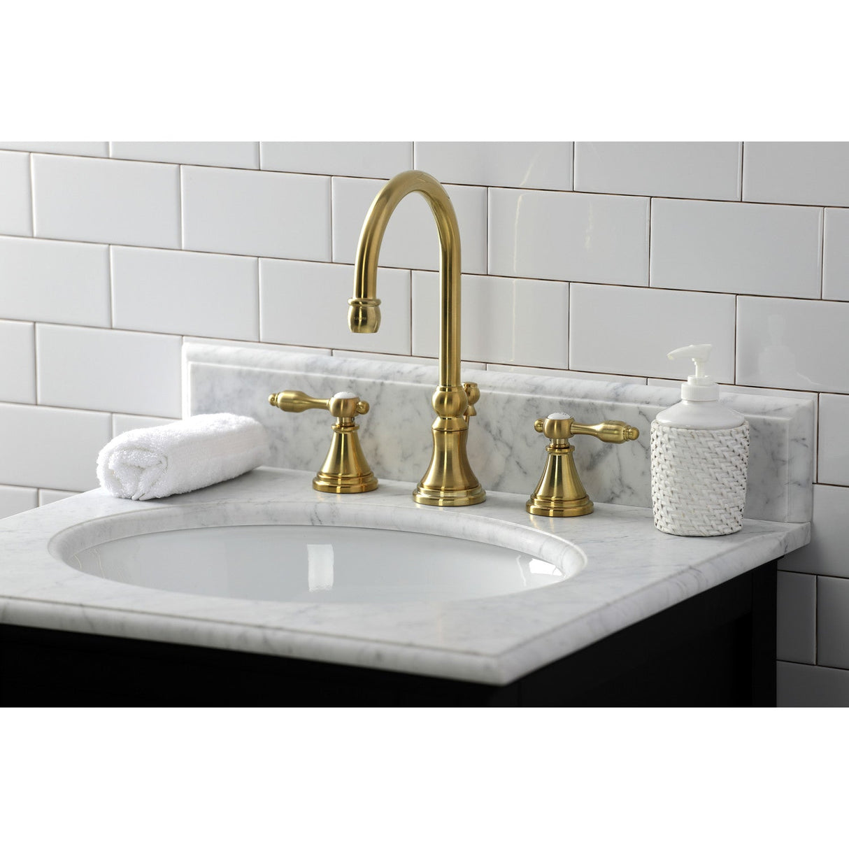 Tudor KS2987TAL Two-Handle 3-Hole Deck Mount Widespread Bathroom Faucet with Brass Pop-Up, Brushed Brass