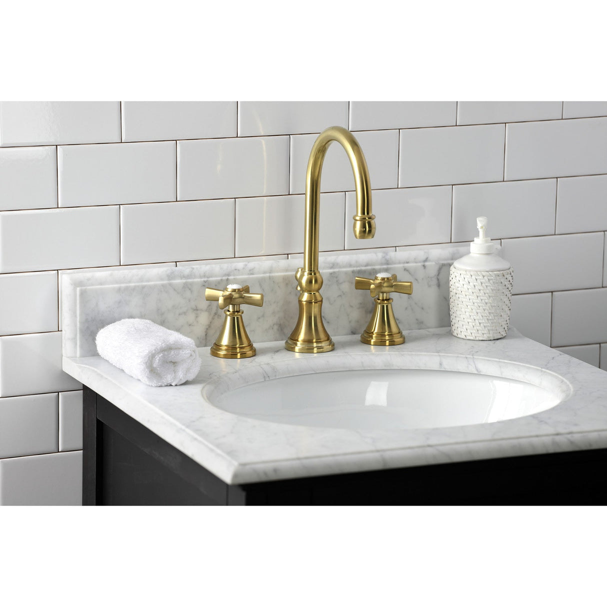 Millennium KS2987ZX Two-Handle 3-Hole Deck Mount Widespread Bathroom Faucet with Brass Pop-Up, Brushed Brass